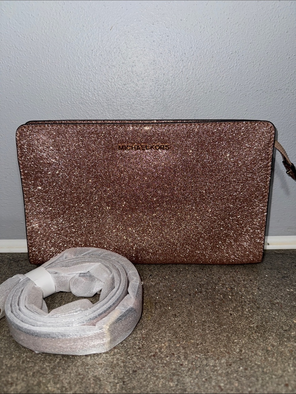 Michael Kors Rose gold glitter clutch crossbody